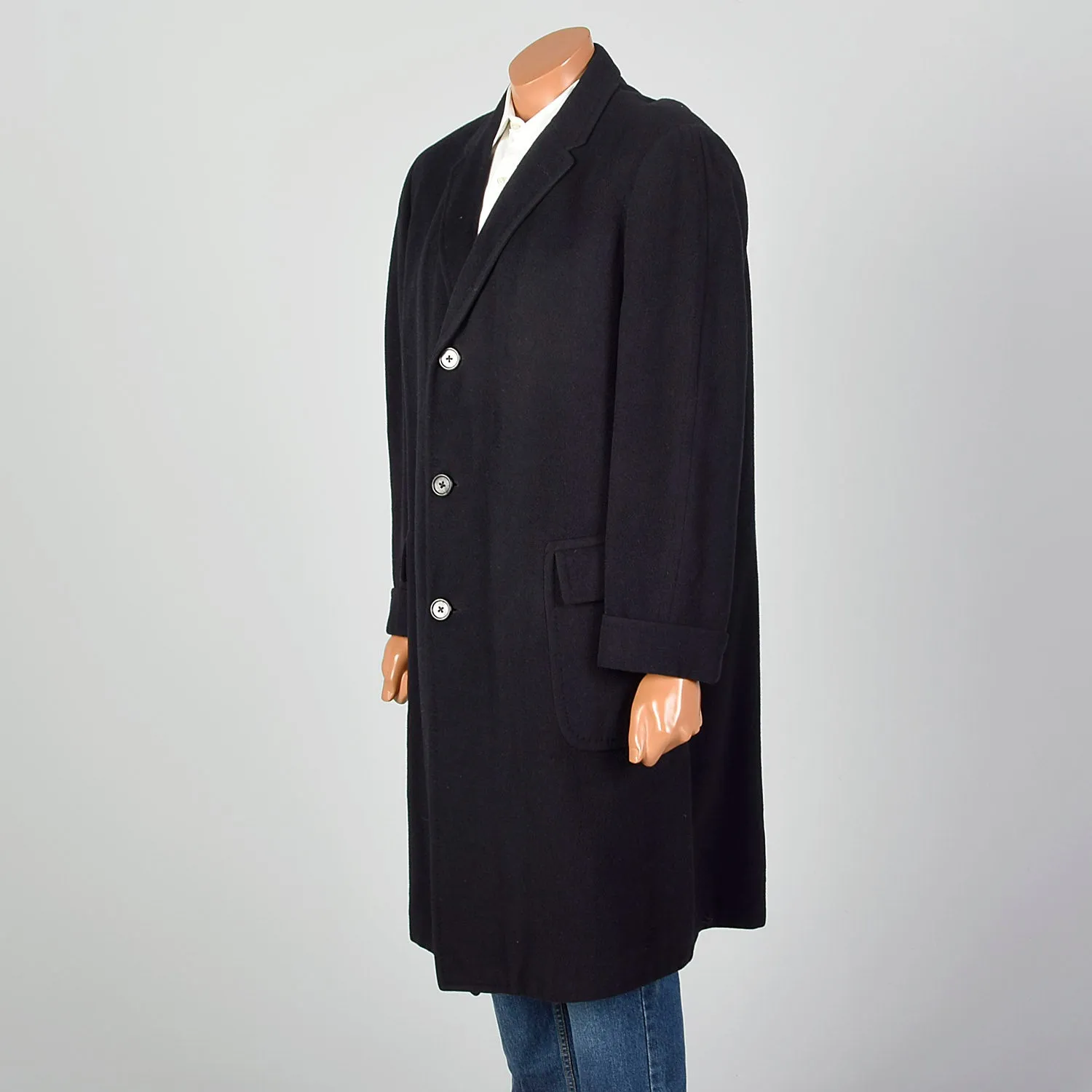 42 Large 1950s Mens Black Cashmere Overcoat
