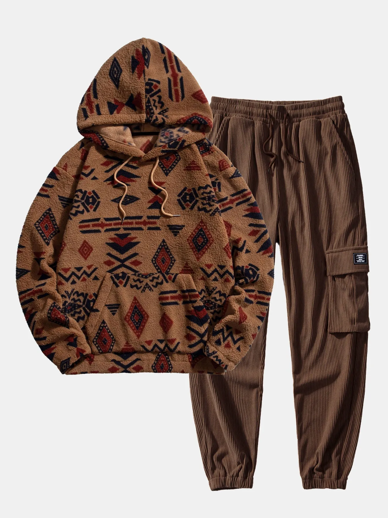 Aztec Print Teddy Hoodie & Drawstring Corduroy Cargo Jogger Pants