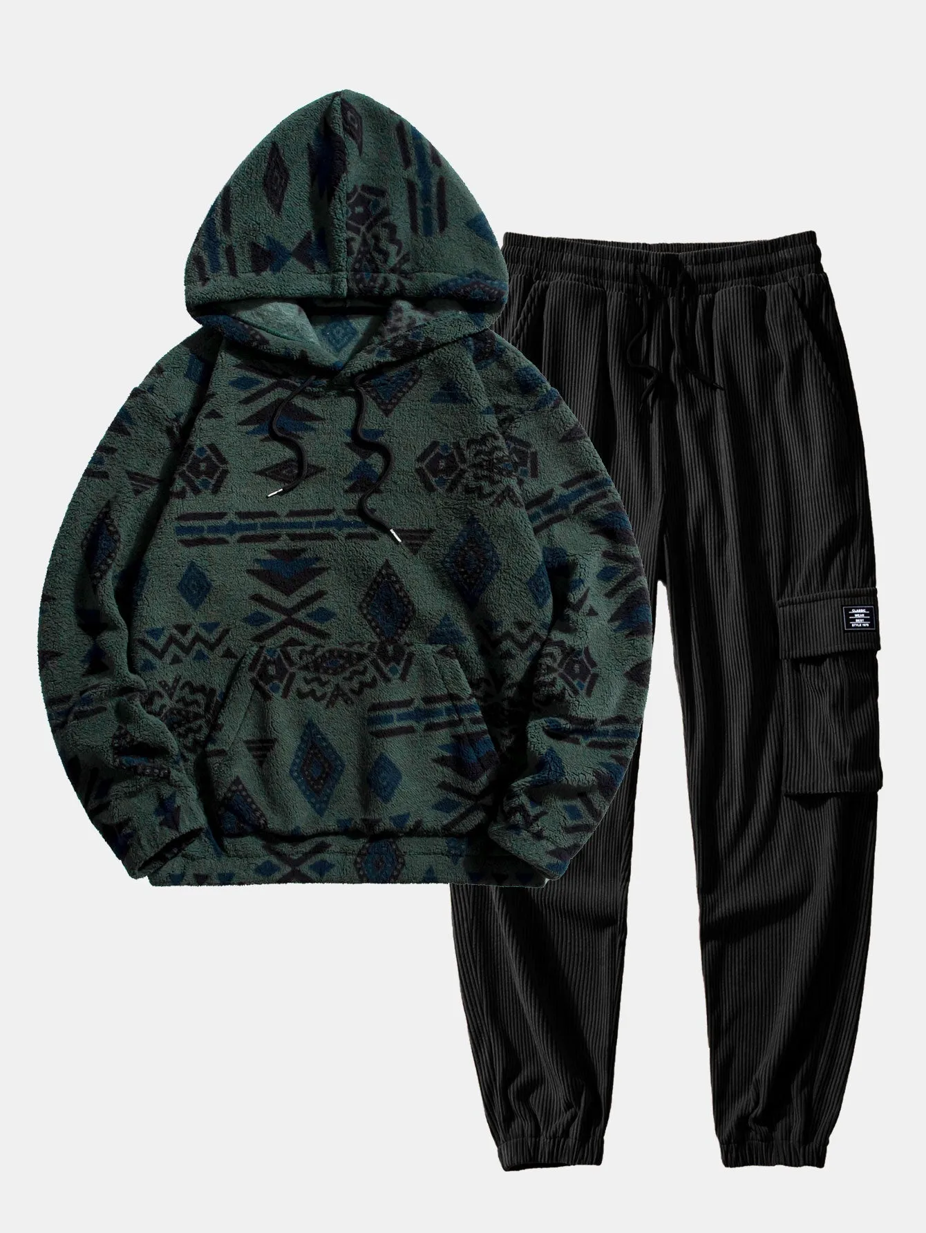 Aztec Print Teddy Hoodie & Drawstring Corduroy Cargo Jogger Pants