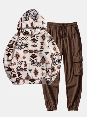 Aztec Print Teddy Hoodie & Drawstring Corduroy Cargo Jogger Pants