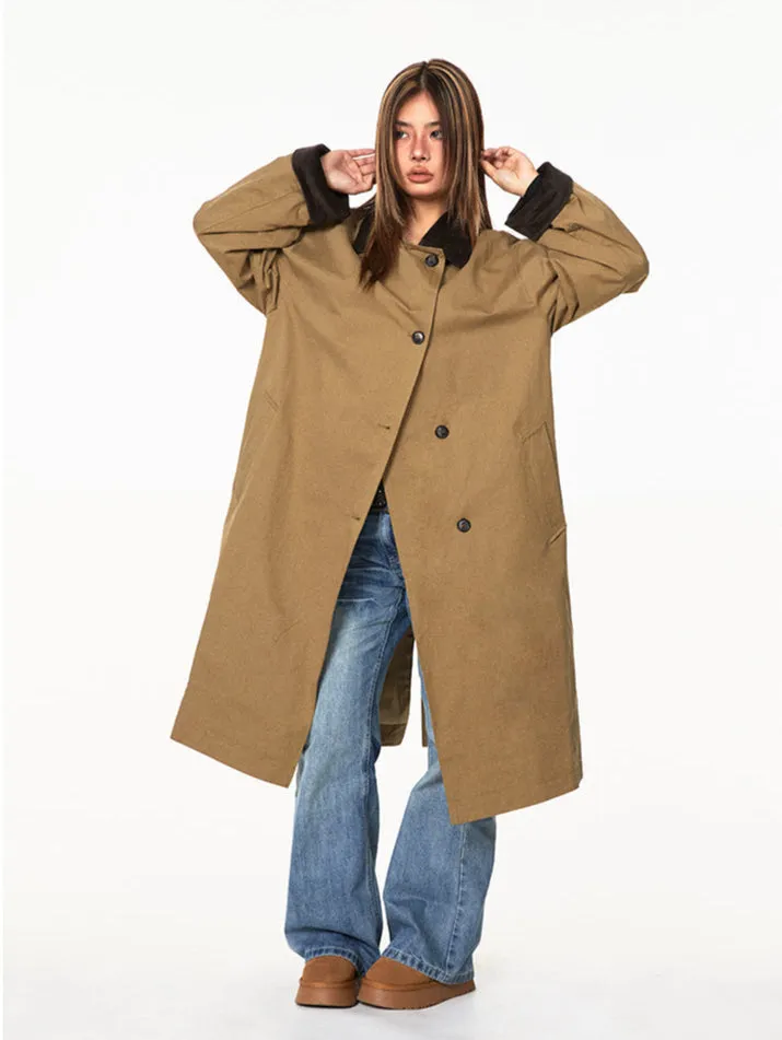 Contrast Corduroy Collar Oversized Single-Breasted Trench Coat with