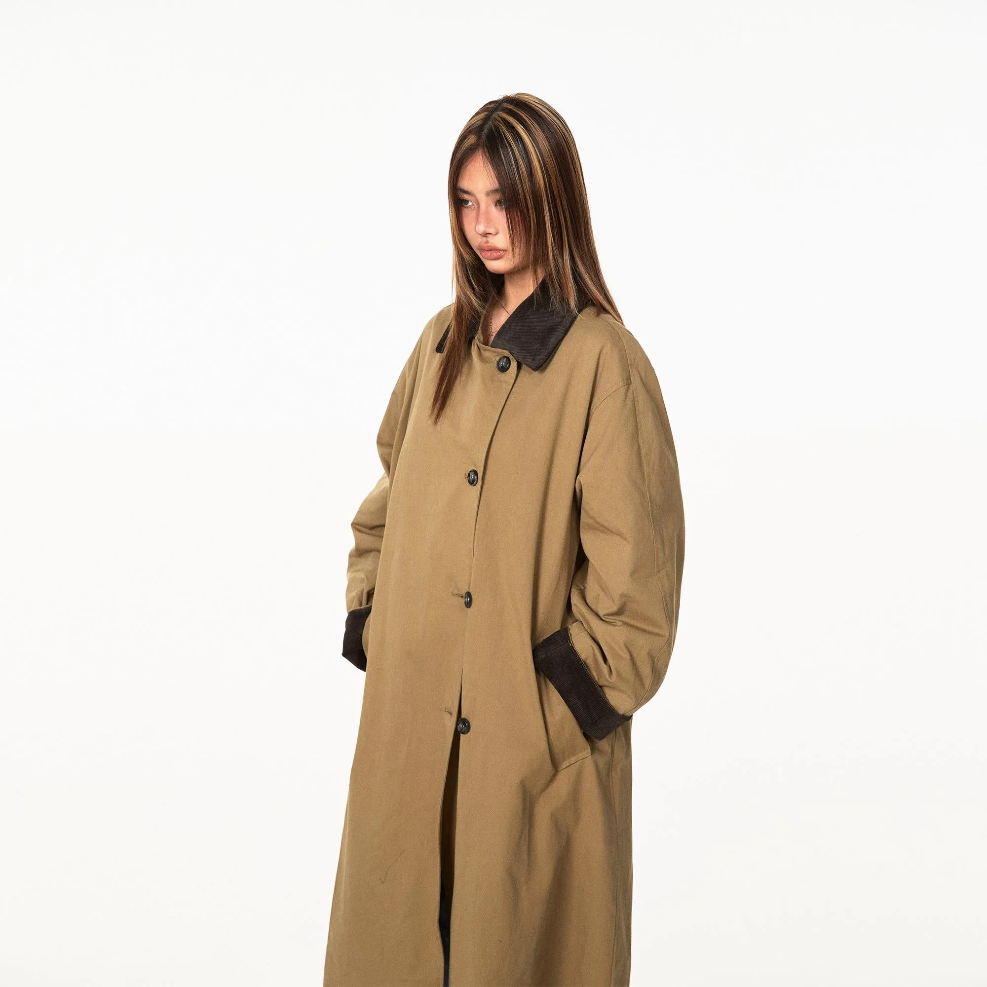 Contrast Corduroy Collar Oversized Single-Breasted Trench Coat with