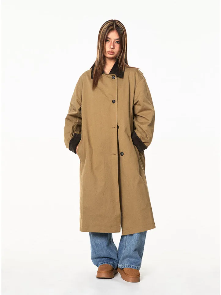 Contrast Corduroy Collar Oversized Single-Breasted Trench Coat with