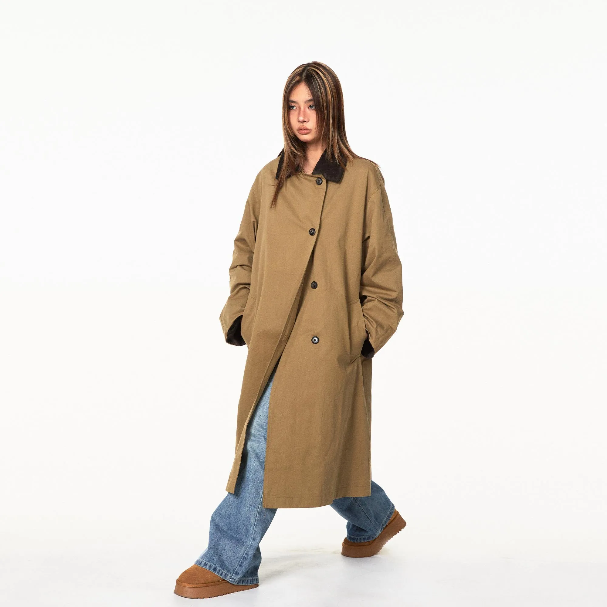 Contrast Corduroy Collar Oversized Single-Breasted Trench Coat with