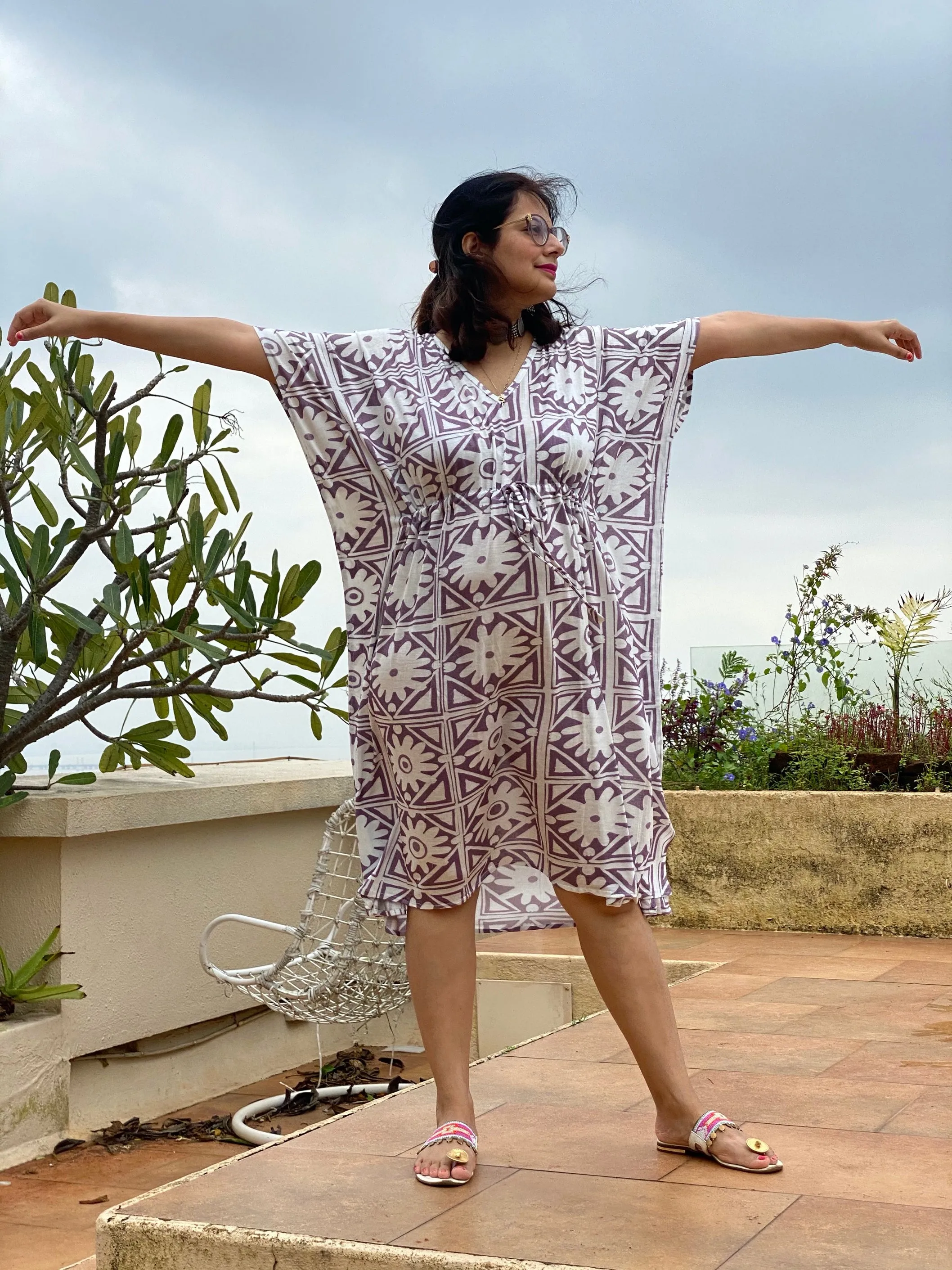 Grid Land "Timeless" Style Caftan | Soft Jersey Knit Organic Cotton | Perfect Loungewear House Dress