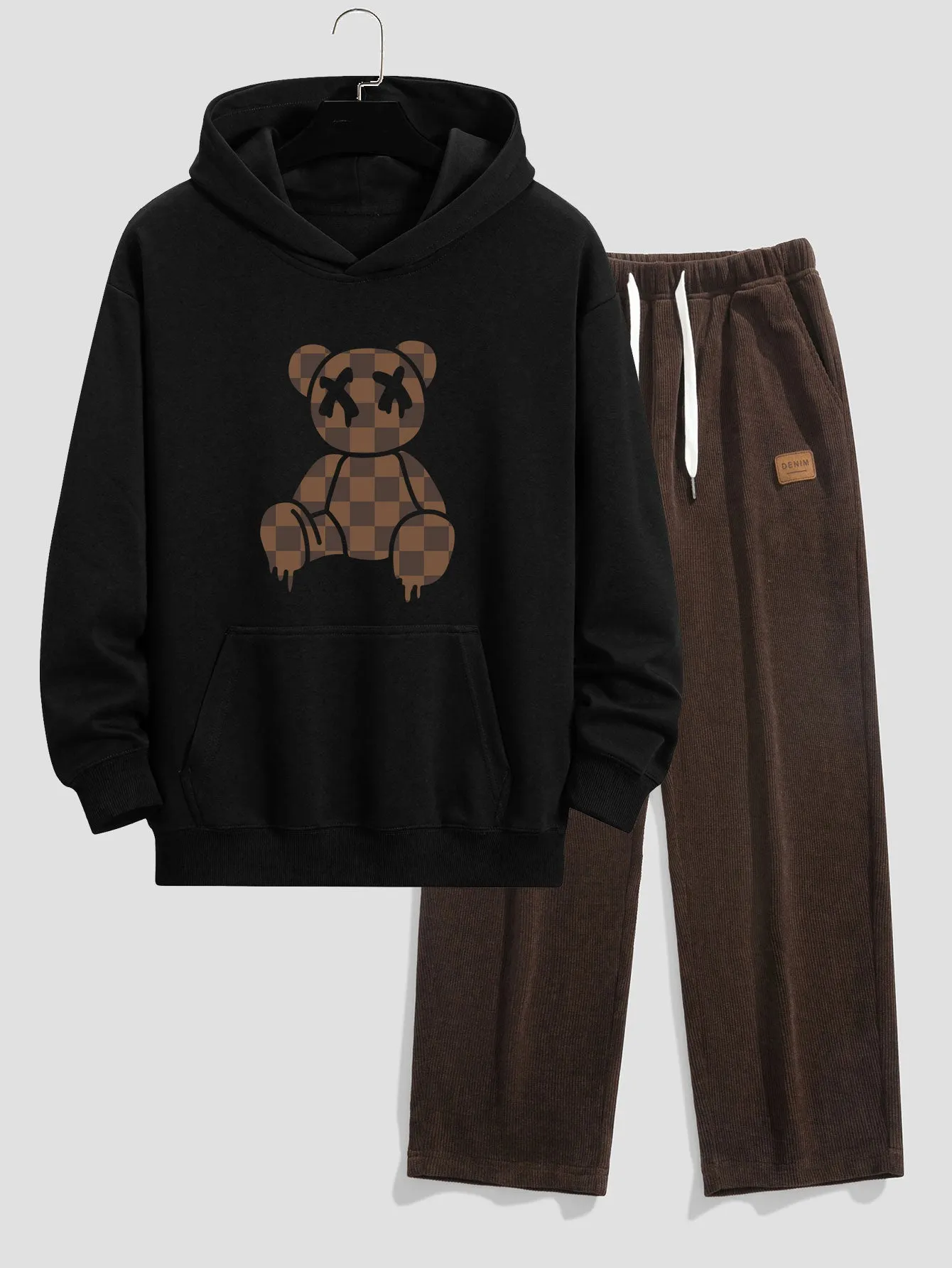 Plaid Dissolving Bear Print Relax Fit Hoodie & Straight Leg Corduroy Pants